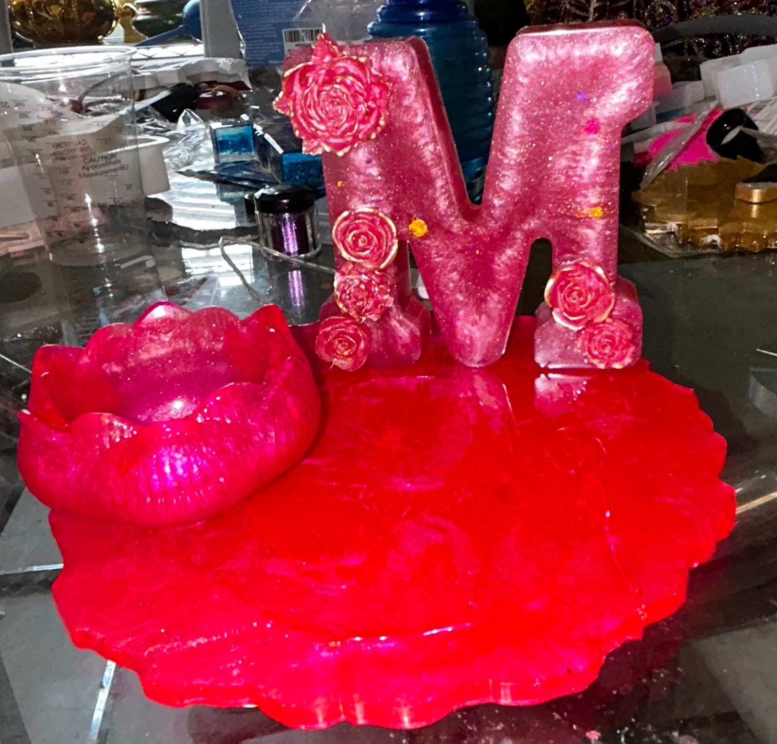 Custom pink resin letter M display with matching decorative tray