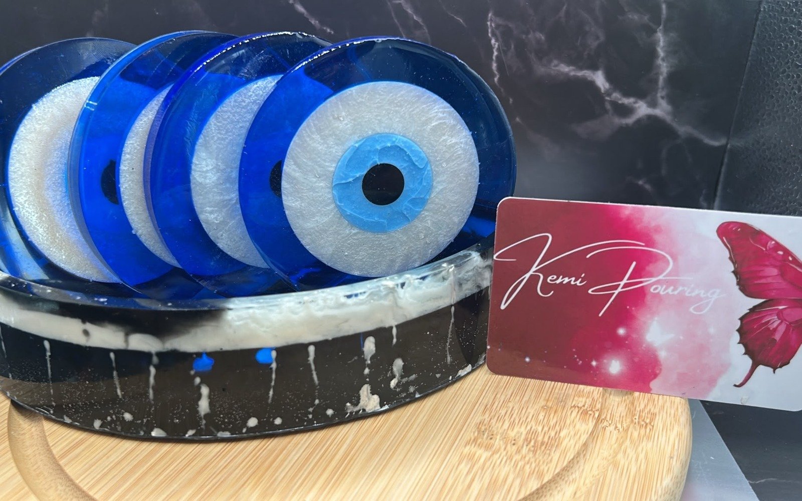 Blue evil eye resin coaster set