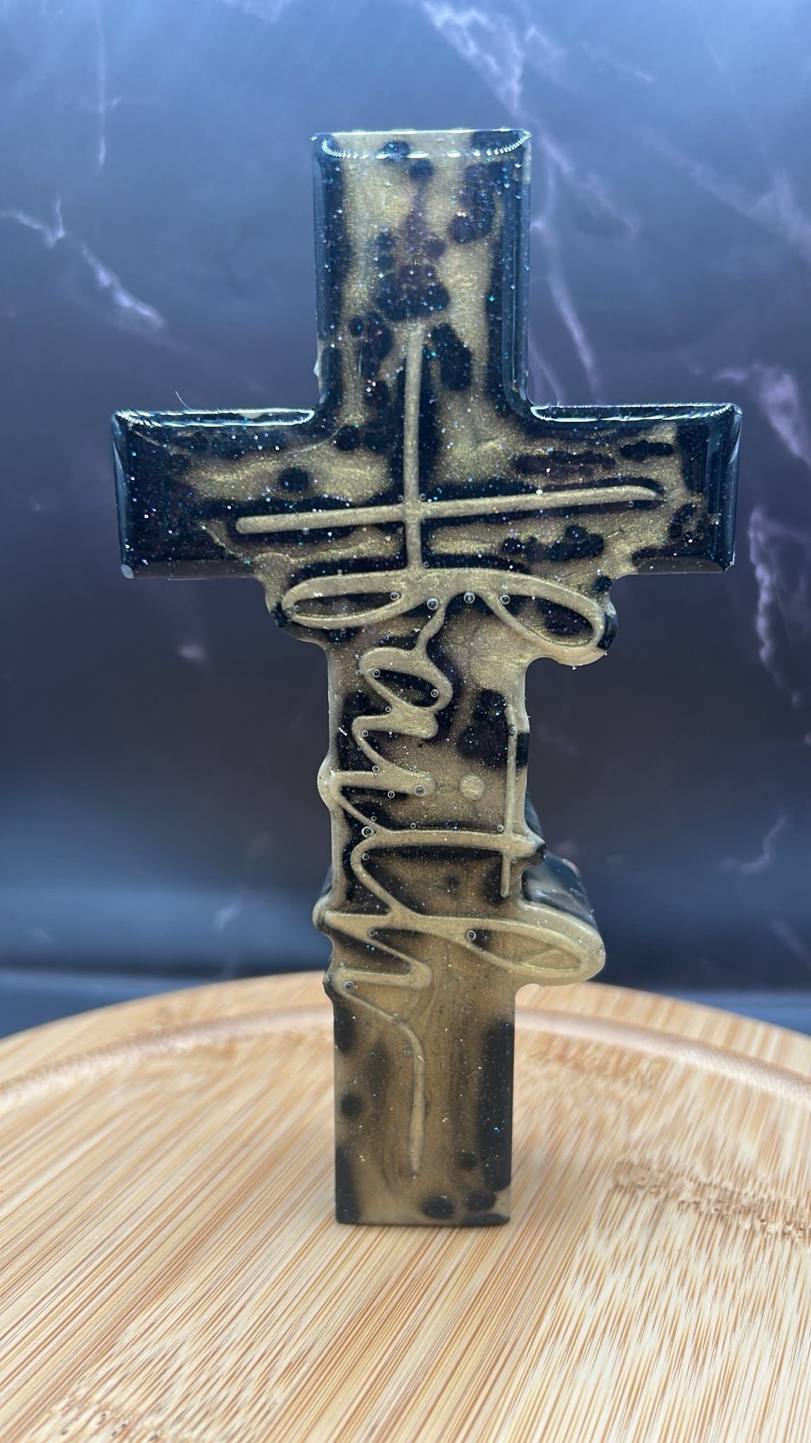 Handmade resin cross with optional display stand
